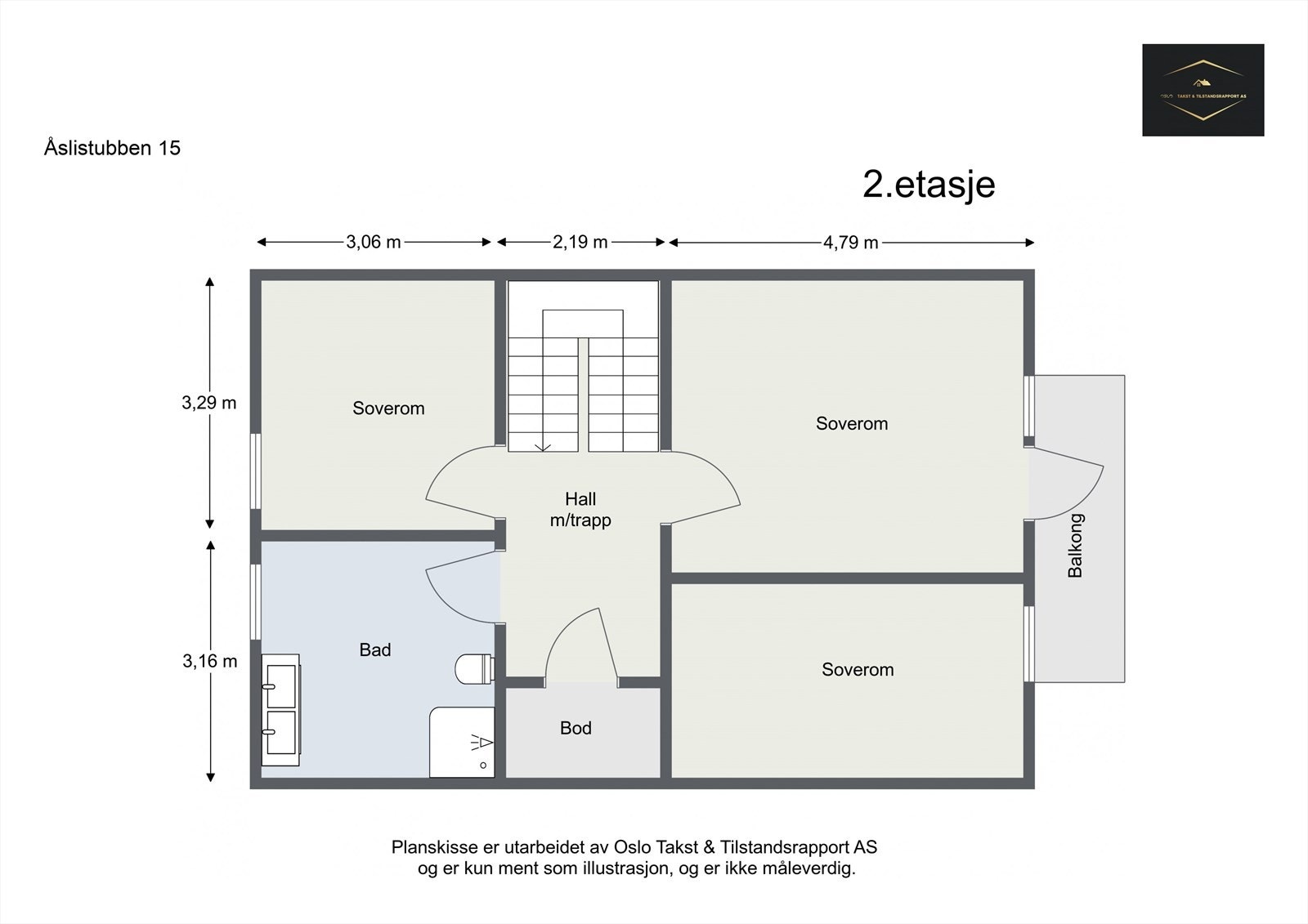 PLANTEGNING 2. ETASJE | Boligens øvre plan består av bad, soverom, soverom 2, soverom 3, bod, trapperom. Galleribilde
