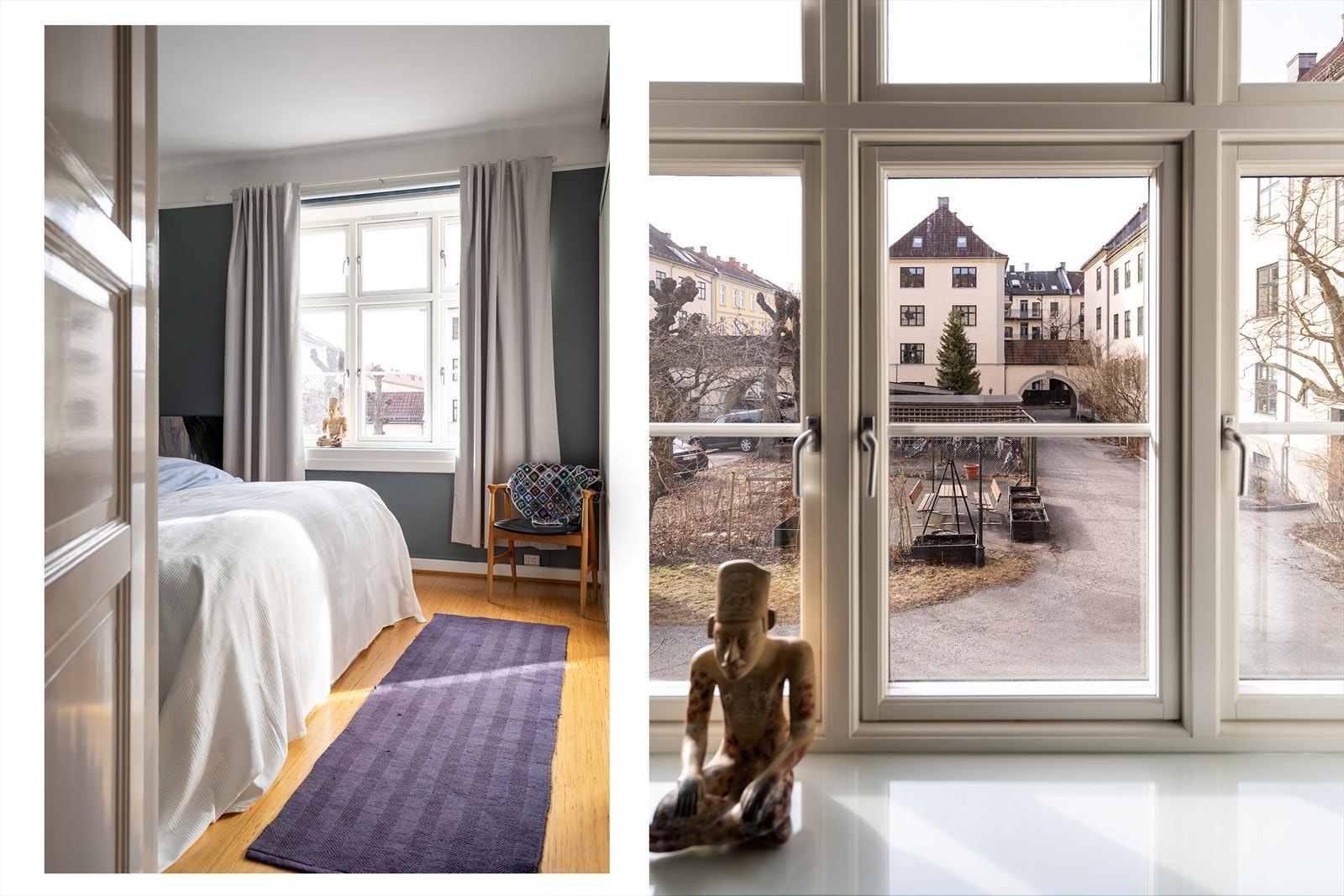 Hovedsoverommet vender ut mot et stille gårdsrom, og leiligheten ligger i en høy første etasje uten innsyn. Galleribilde