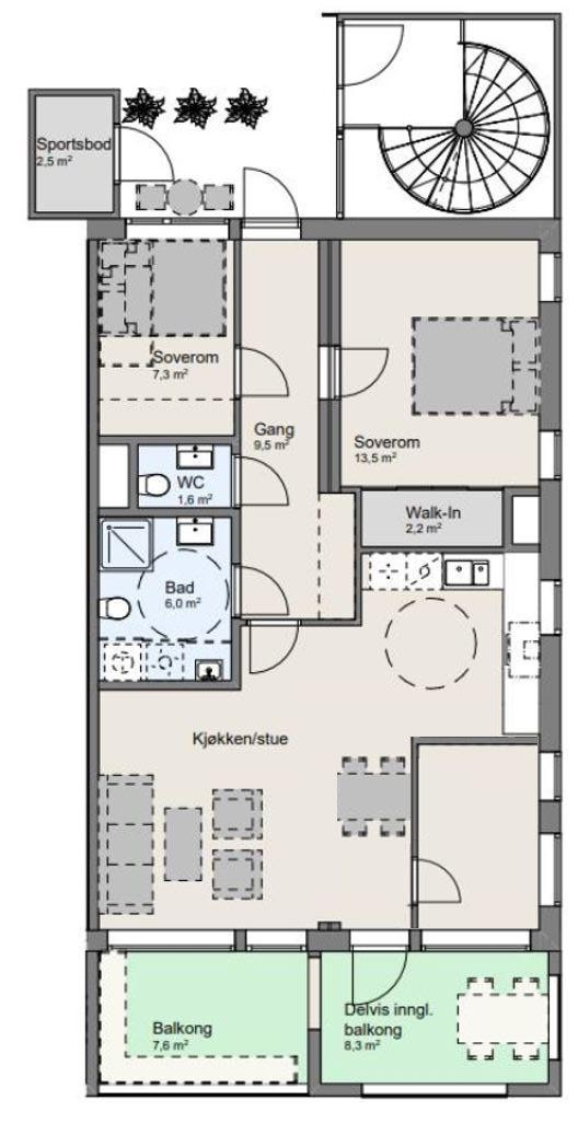 Alternativ planløsning - det er mulighet for å etablere ekstra soverom i stue mot tilleggskostnad Galleribilde