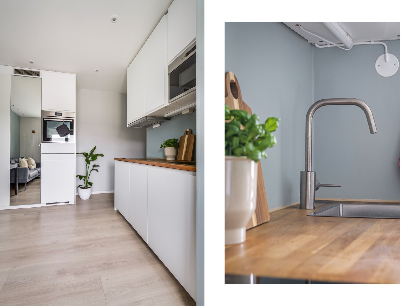 På kjøkkenet er kjøleksap med frys, komfyr, koketopp, mikro, oppvaskmaskin og vaskemaskin integrert og medfølger salget. Galleribilde