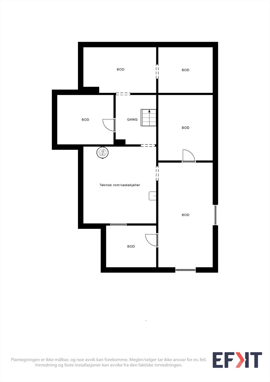 Plantegning kjeller - Kjelleren er en råkjeller med gulv og vegger av betong/mur. Masse lagringsplass samt teknisk rom/vaskerom. Galleribilde