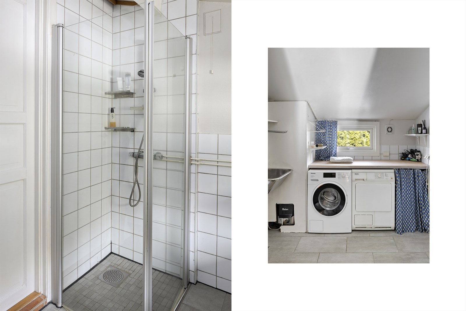 Praktisk og funksjonelt vaskerom med fliser på gulvet og gulvvarme. Veggene er delvis flislagt med fliser og har malt strietapet. Rommet er ventilert med både mekanisk og naturlig avtrekk. Vaskerommet er også utstyrt med en dusj med glassdører. Galleribilde