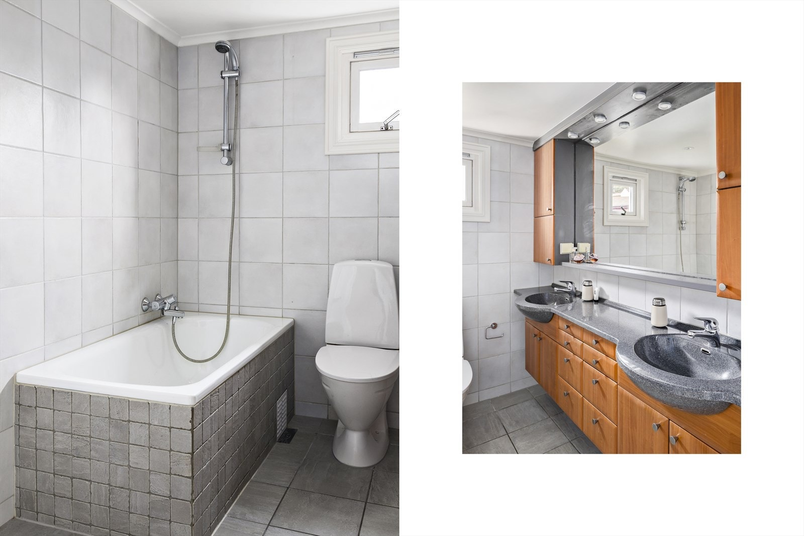 Badet er utstyrt med mekanisk avtrekk, rørfordelingsskap, wc, badekar og dusjhode fra Oras. Varmekabler i gulvet. Galleribilde