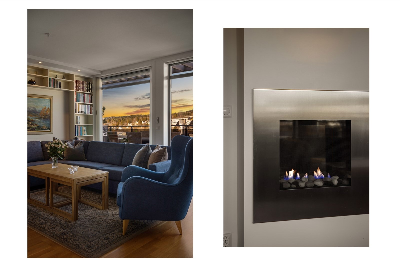 Hyggelig gasspeis i stuen. Det er uttak til gass også på terrassen for tilkobling til gassgrill Galleribilde