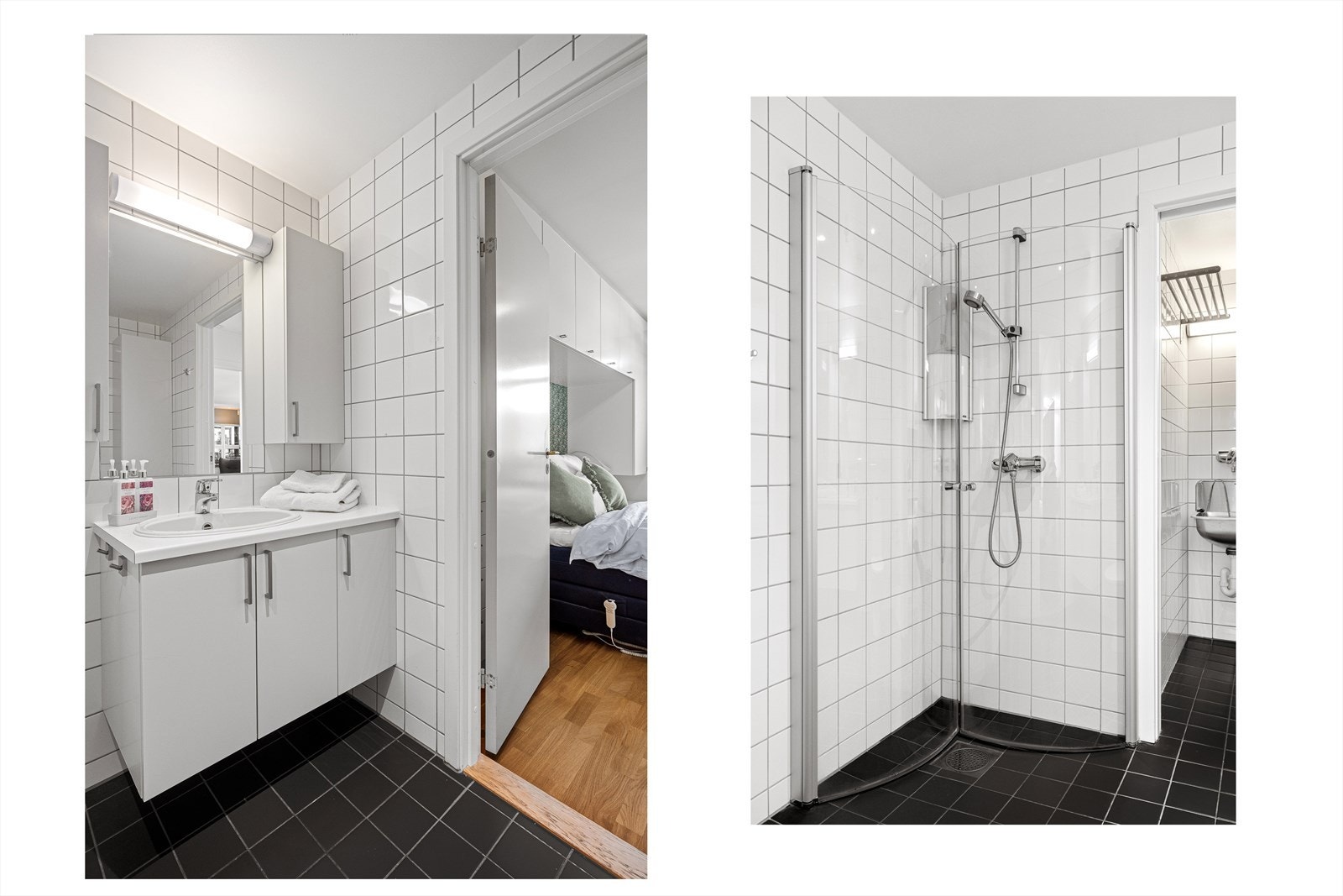 Badet er innredet med dusjhjørne med glassdører, servant i innredning med skap, speil med belysning, vegghengt skap og toalett Galleribilde