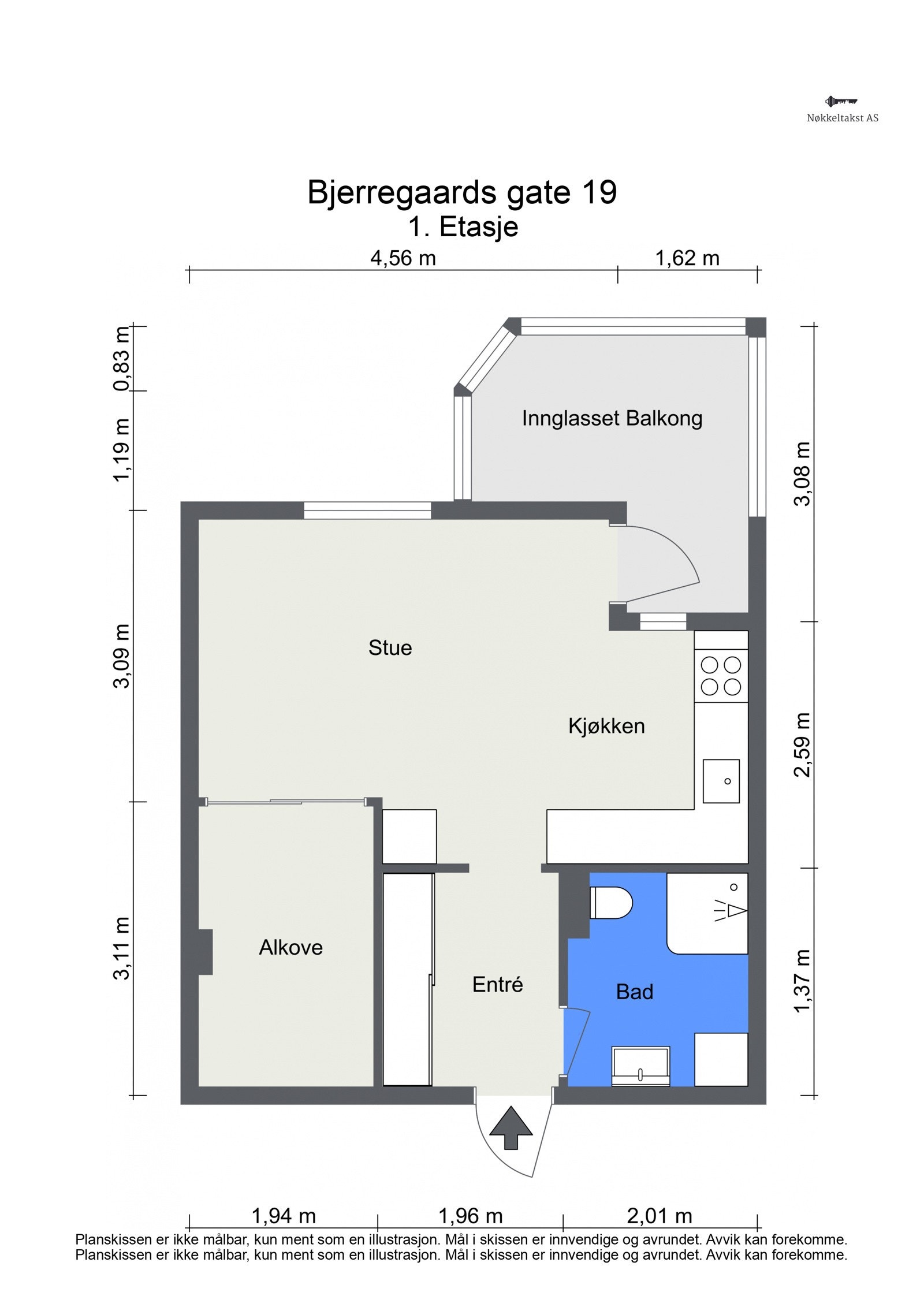 Bjerregaards gate 19 - Høy 1.etg/ en trapp opp (BRA 42 kvm): Entré m/garderobe, åpen kjøkken- og stueløsning, lukket sovealkove med skyvedører/glassfronter og baderom. Innglasset balkong. 2 boder. Galleribilde