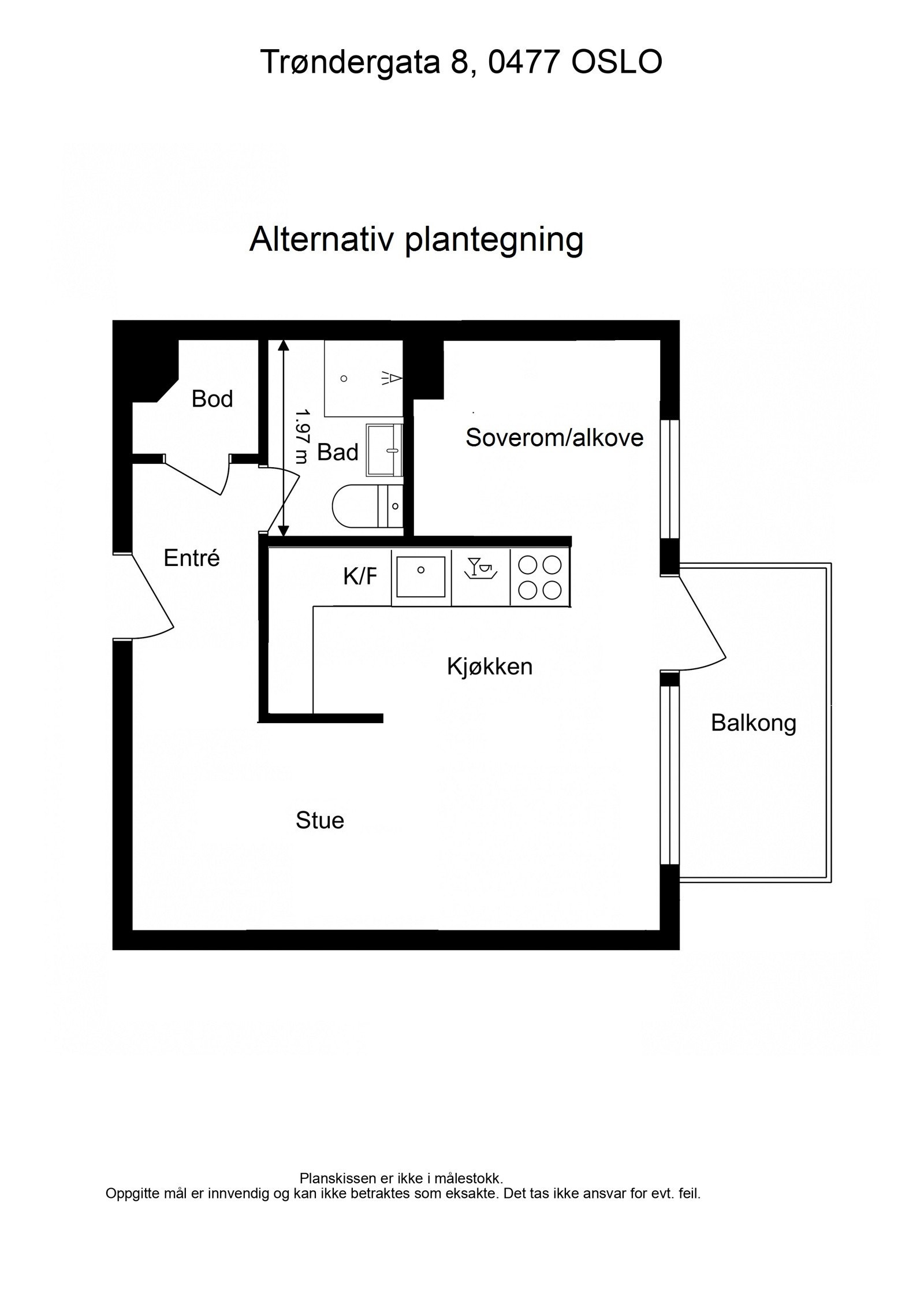 Alternativ plantegning - andre tilsvarende leiligheter i borettslaget har flyttet kjøkken til fordel for soverom/alkove med vindu. Galleribilde