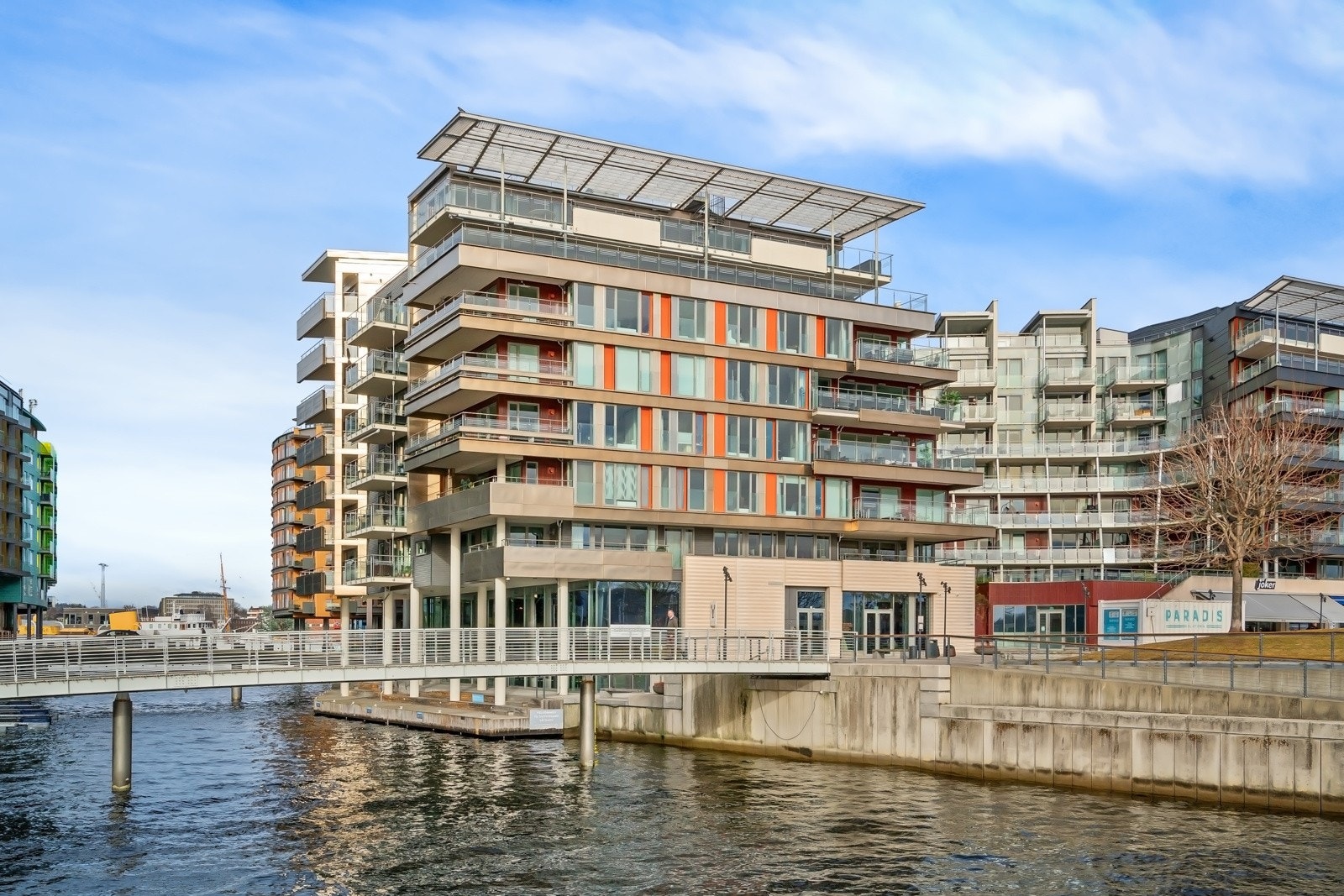 På utsiden av bygget er det strandhage og iskrembod, og over gangbroen rett ved ligger Astrup Fearnley Museet, skulpturparken og bystranda. Galleribilde