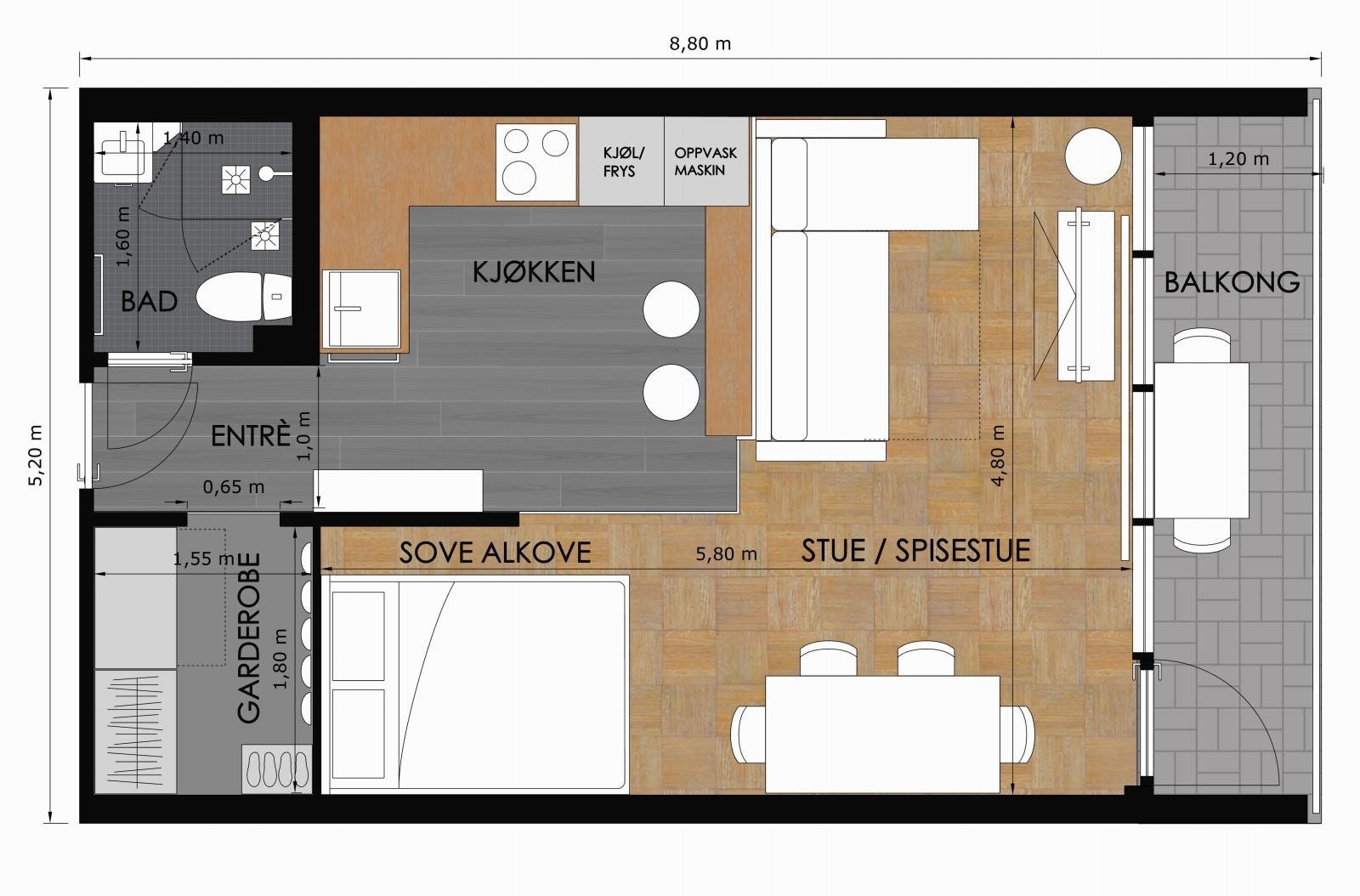 Plantegning. Dette er en illustrasjon av boligens planløsning med omtrentlige mål. Avvik kan forekomme. Galleribilde