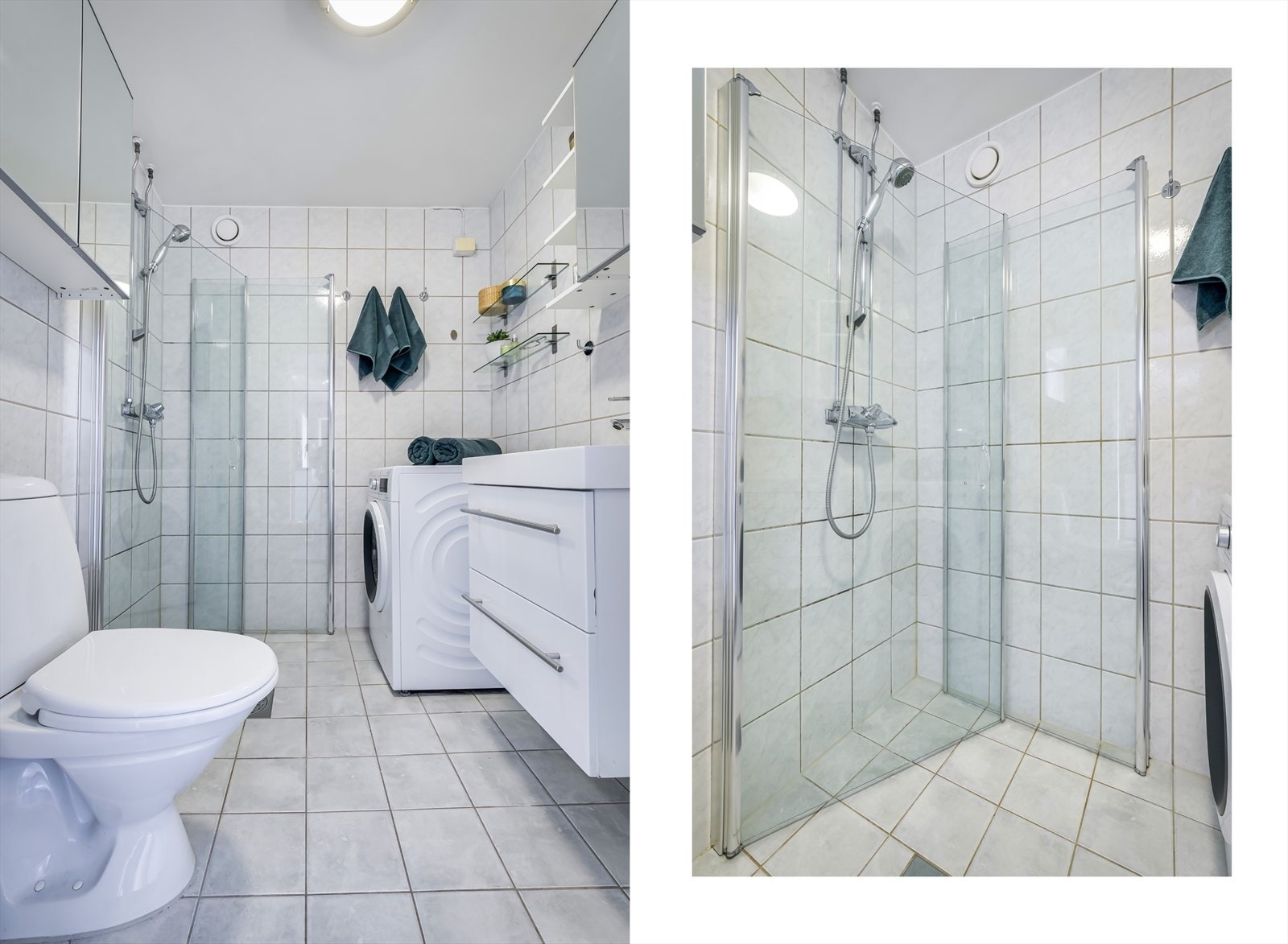 Det er utstyrt med servant, underskap med skuffeseksjon, speilskap, gulvmontert toalett og dusjhjørne med innfellbare glassdører Galleribilde