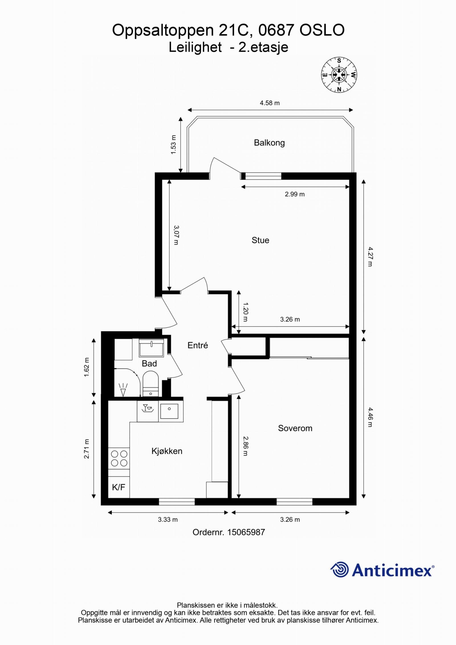 Dagens planløsning av leiligheten med kompass. Galleribilde