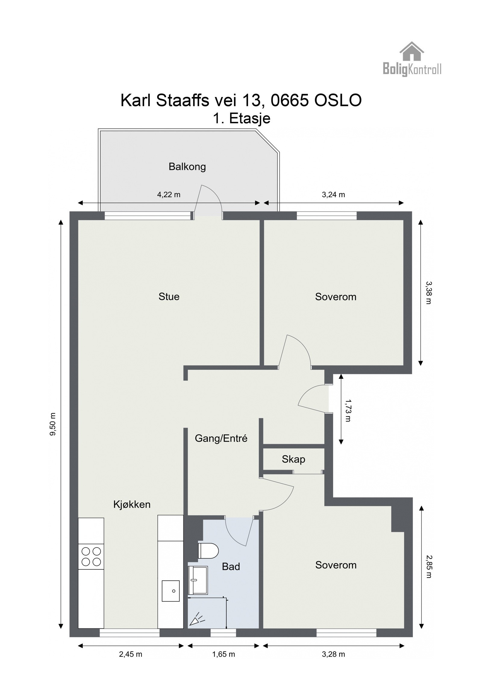 Leiligheten består av følgende: Entré, bad/wc, 2 soverom, balkong, kjøkken, bod i kjeller og på loft. Galleribilde