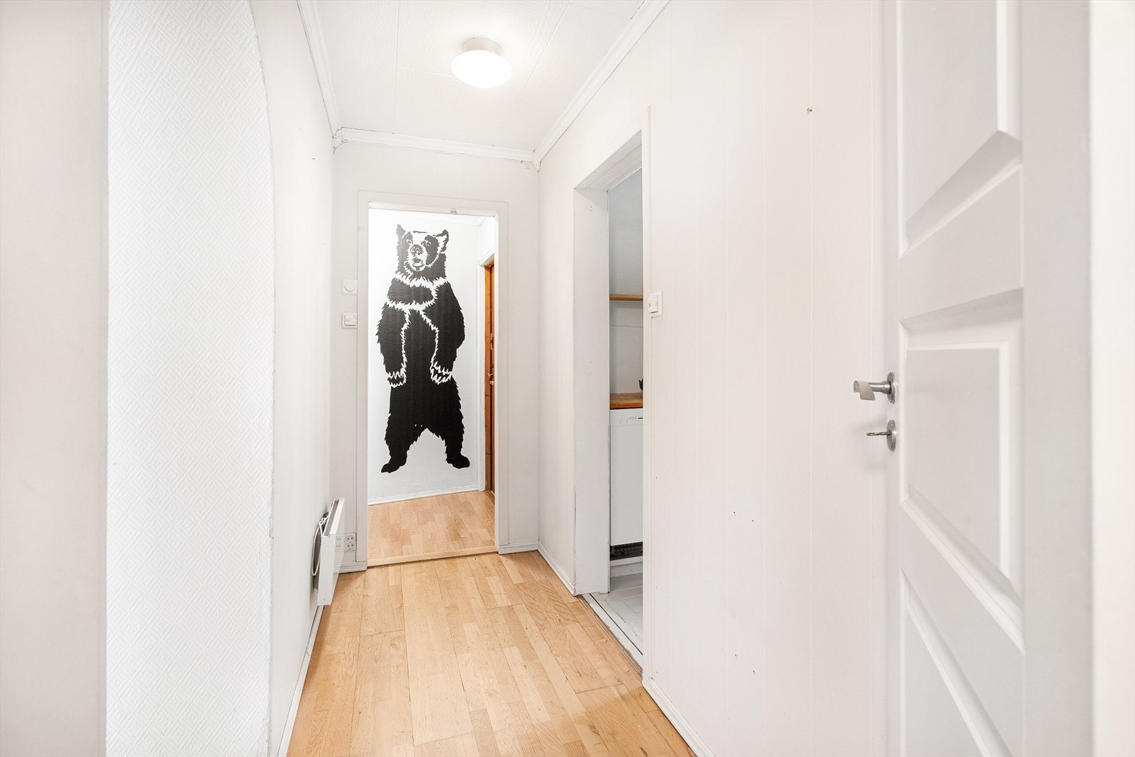 Romslig entré/gang med plass til oppheng av yttertøy, skohyller e.l. Galleribilde