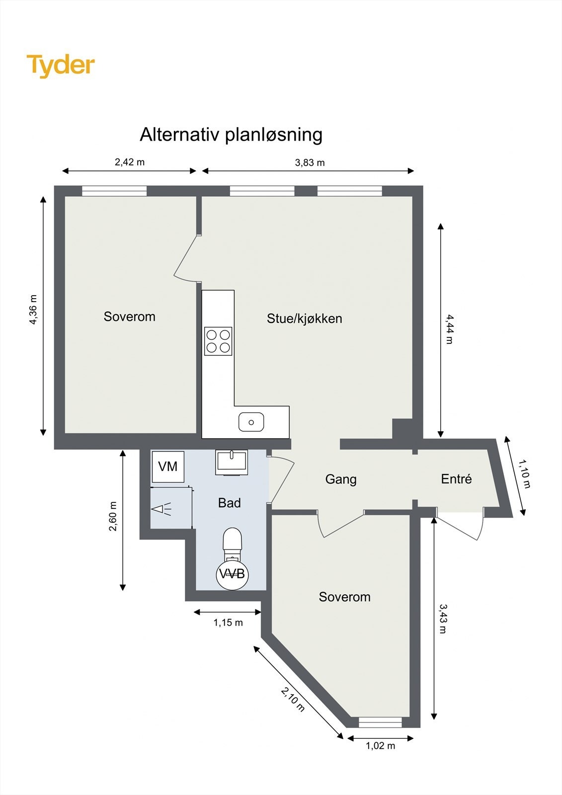 Alternativ planløsning. Eventuelle søknadspliktige endringer og godkjenning fra Plan og Bygg er kjøpers ansvar. Galleribilde