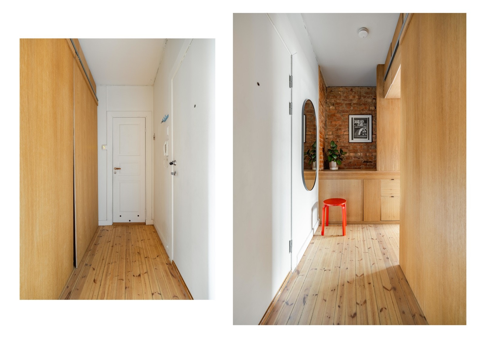 Det første som møter deg når du kommer inn i leiligheten er en romslig entré. Her er plassen maksimalt utnyttet med stor skyvedørsgarderobe med plassbygde hyller. Galleribilde
