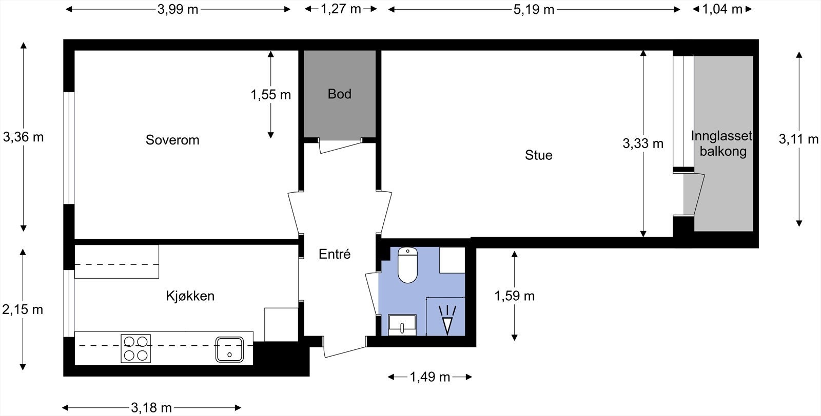 Plantegning fra takstmann. Leiligheten inneholder entré, stue, separat kjøkken, soverom, bad og innvendig bod. Boligen medfølger også en kjeller- og loftsbod. Galleribilde