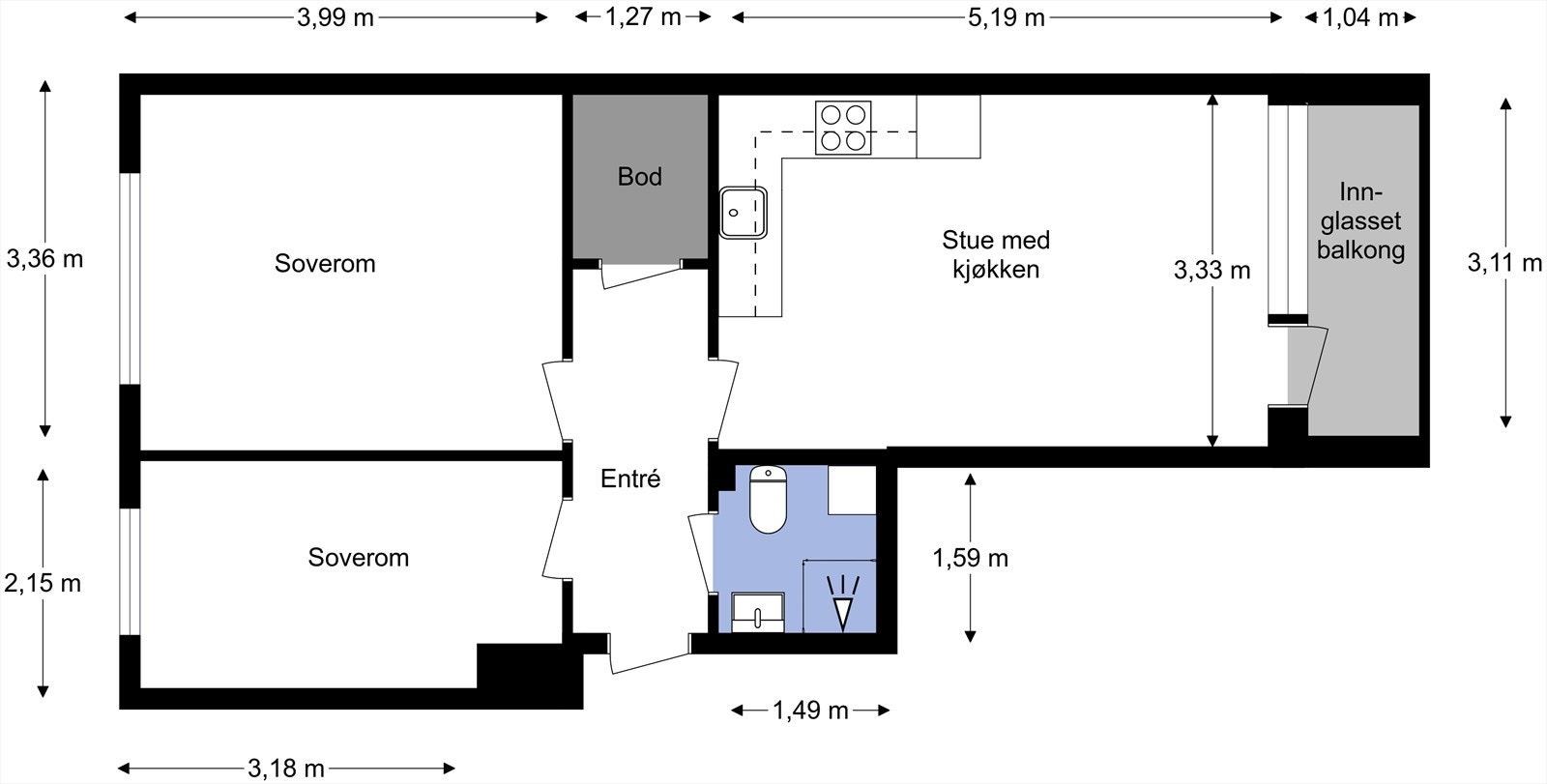 Alternativ plantegning fra takstmann. Kjøkkenet kan flyttes ut i stuen dersom man ønsker å etablere to soverom. Galleribilde