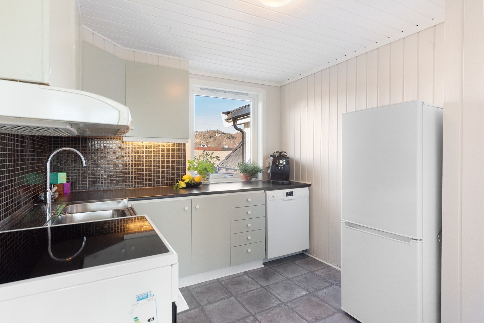 Kjøkkenet inneholder kjøl/fryseskap, oppvaskmaskin og komfyr. Det er kjøkkenventilator med avtrekk ut. Galleribilde