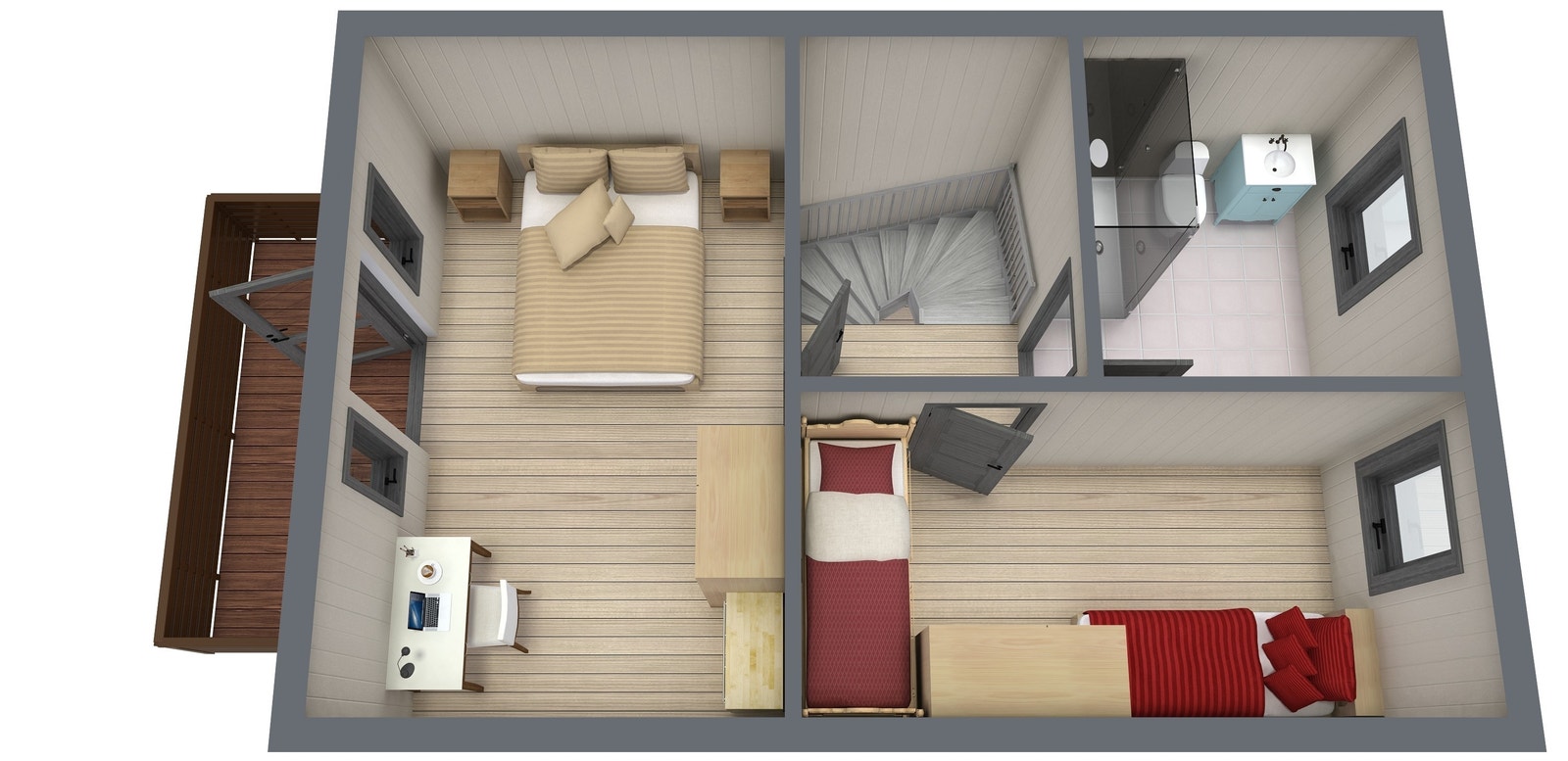 Planløsning 2. etg. Mastersov med egen terrasse. Soverom. Bad med dusj og mulighet for vaskemaskin. Galleribilde