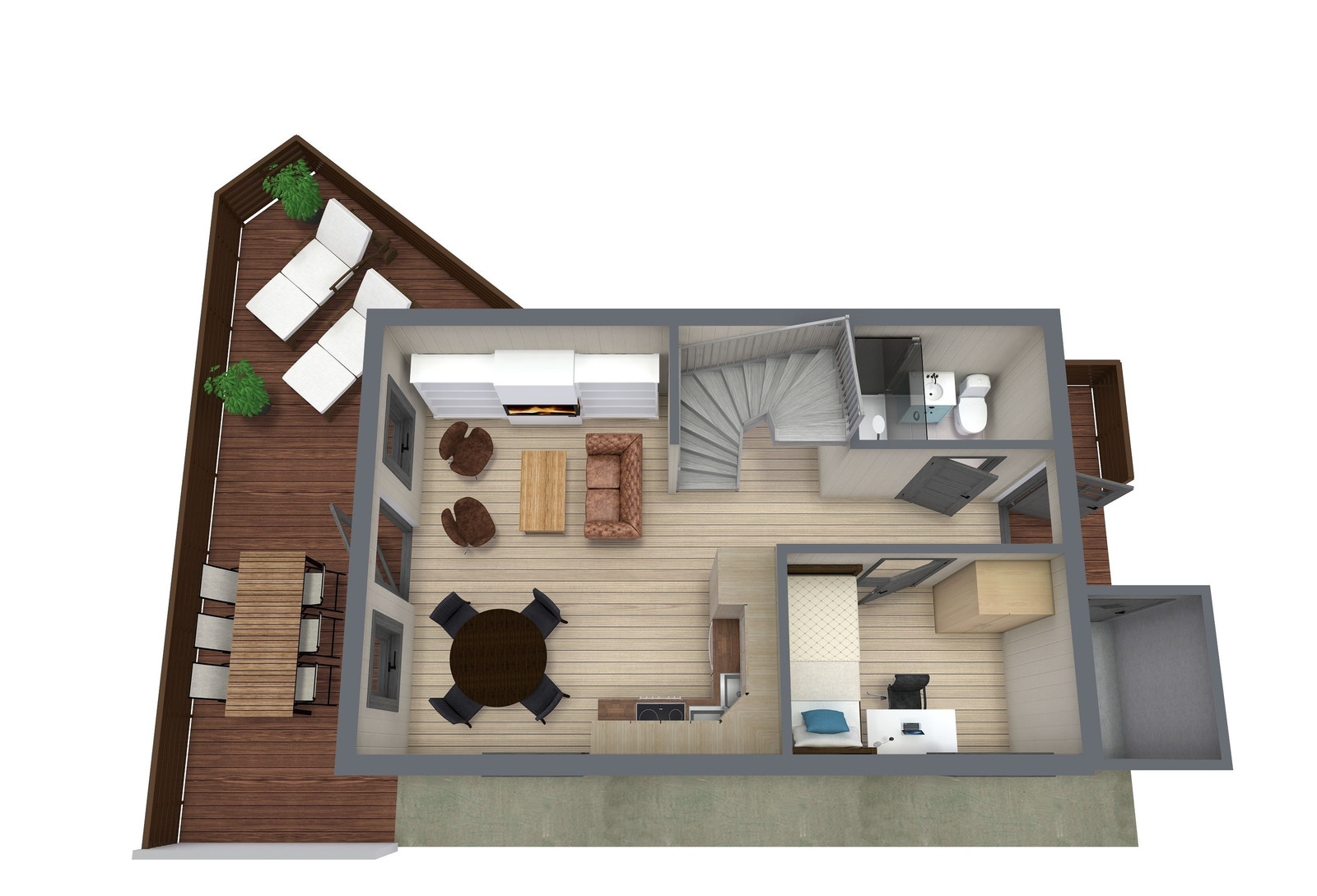 Planløsning 1. etg. Stor terrasse. Åpen kjøkken/stue. Soverom. Bad med dusj. Utebod. Galleribilde