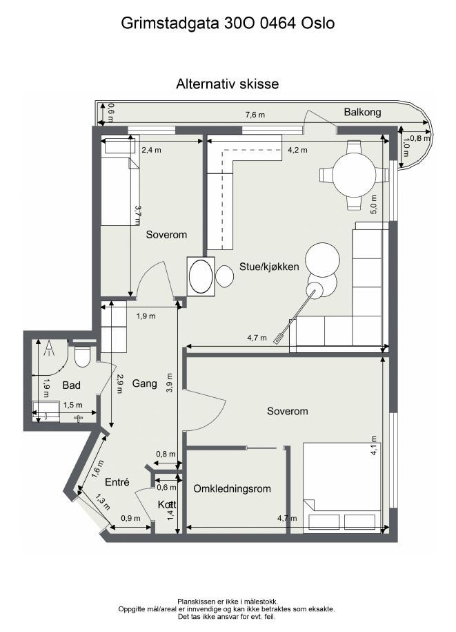 Du kan omgjøre leiligheten til en 3-roms ved behov ved å flytte kjøkkenet, og sette opp et par lettvegger. Tilpass etter behov! Galleribilde