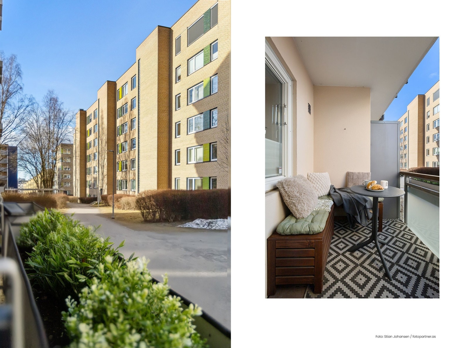 Balkongen har utsyn mot gang- og sykkelveien mellom Birch-Reichenwalds gate og Vitaminveien. En fredelig plett å slappe av på. Galleribilde