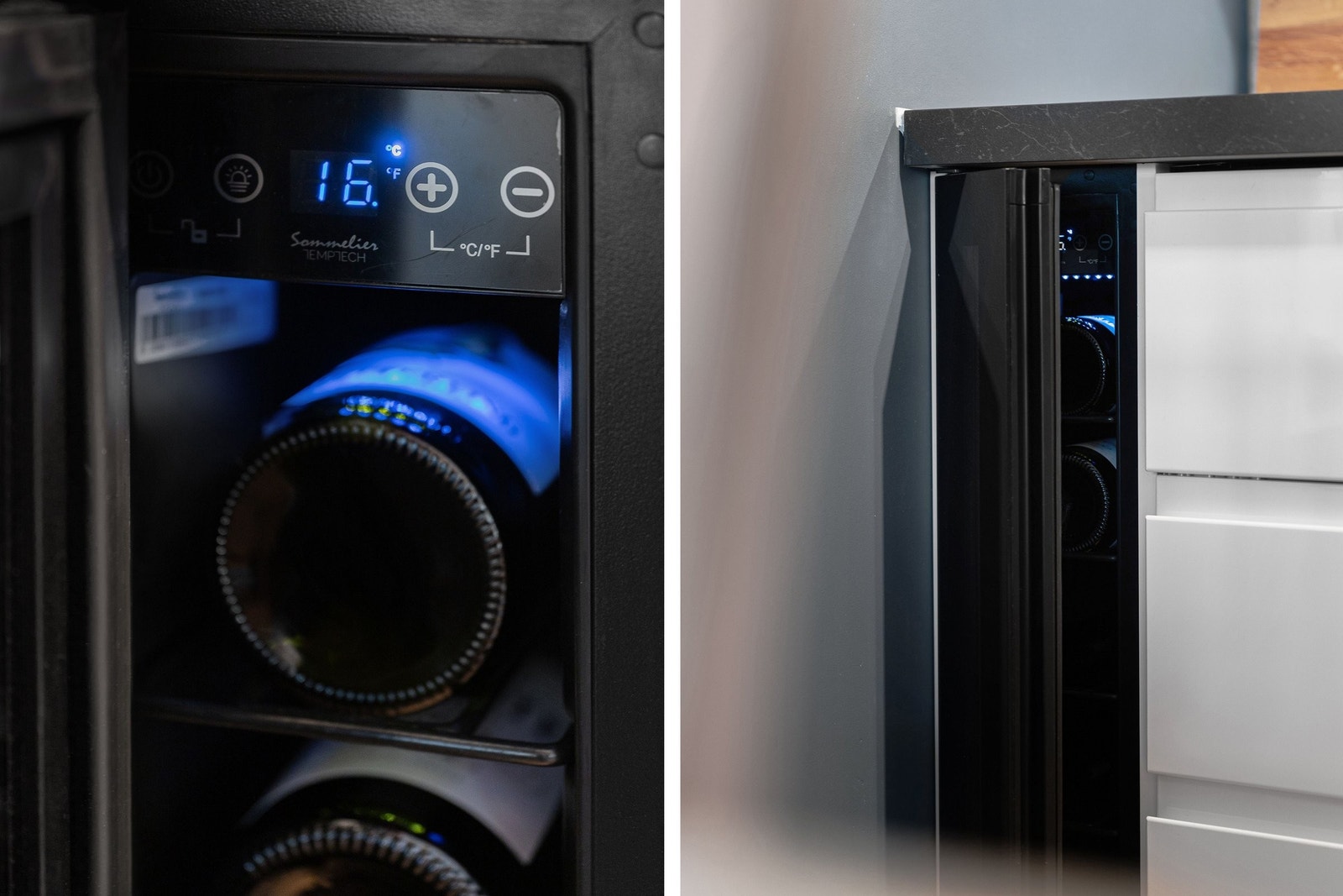 Integrert vinskap i foringen ved siden av underskapene. Nok en stilig løsning som utnytter ellers ubrukelig plass. Galleribilde