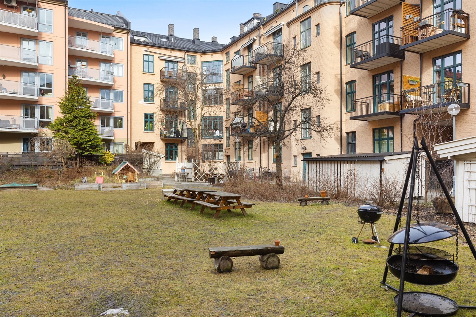 Stor, solrik felles hage med gressplen, grillplass, lekeplass og drivhus-kasser. Galleribilde