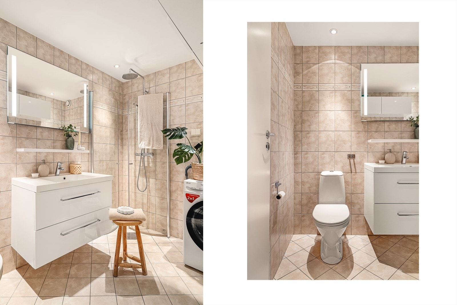 Lys baderomsinnredning og vannrør i rør-i-rør med fordelerskap montert på badet. Galleribilde