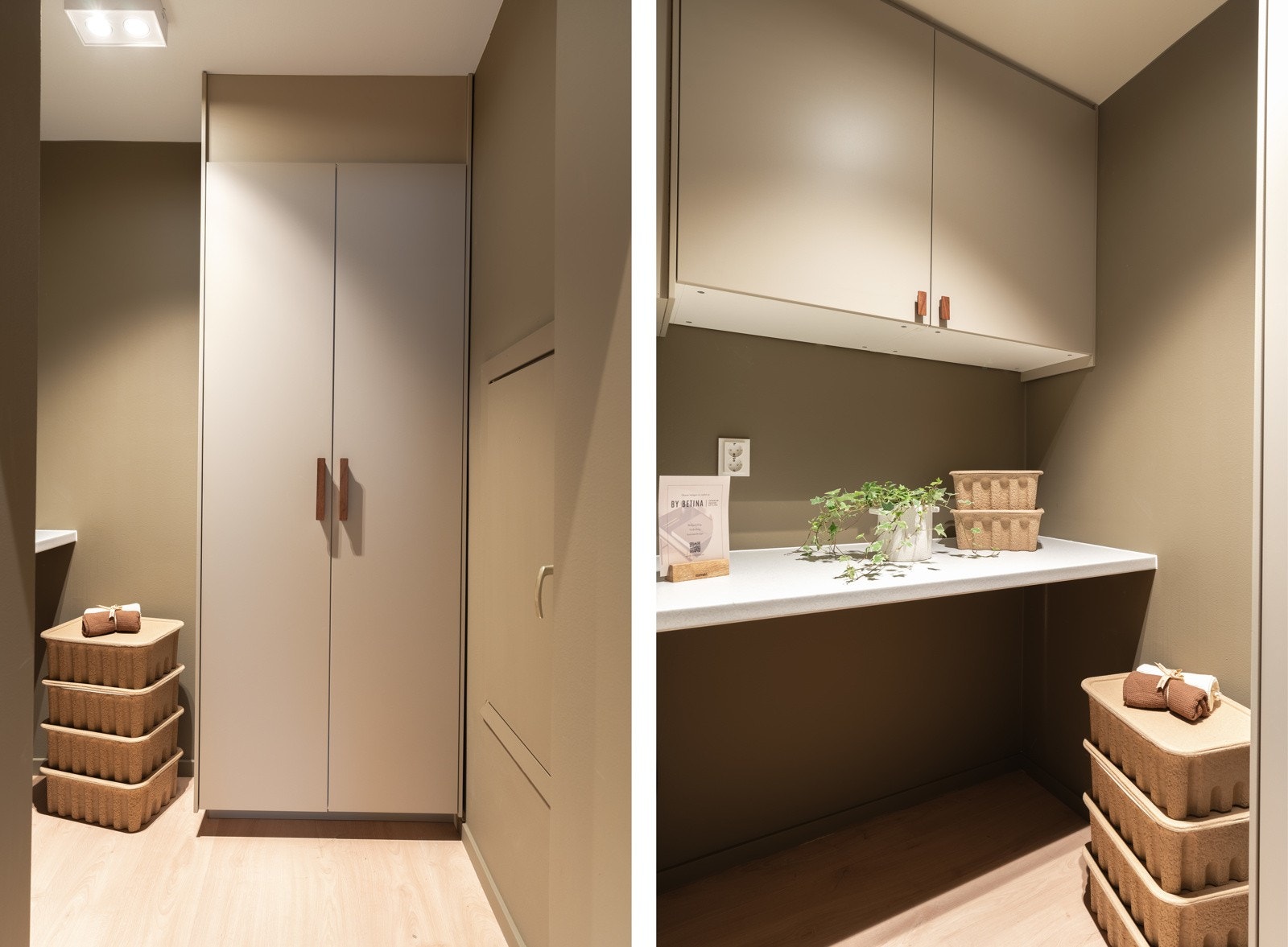 Videre inn fra kjøkkenet er det åpen løsning inn til oppbevaringsrom, som gir en naturlig forlengelse av kjøkkenet. Her er det også opplegg for vaskemaskin. Galleribilde