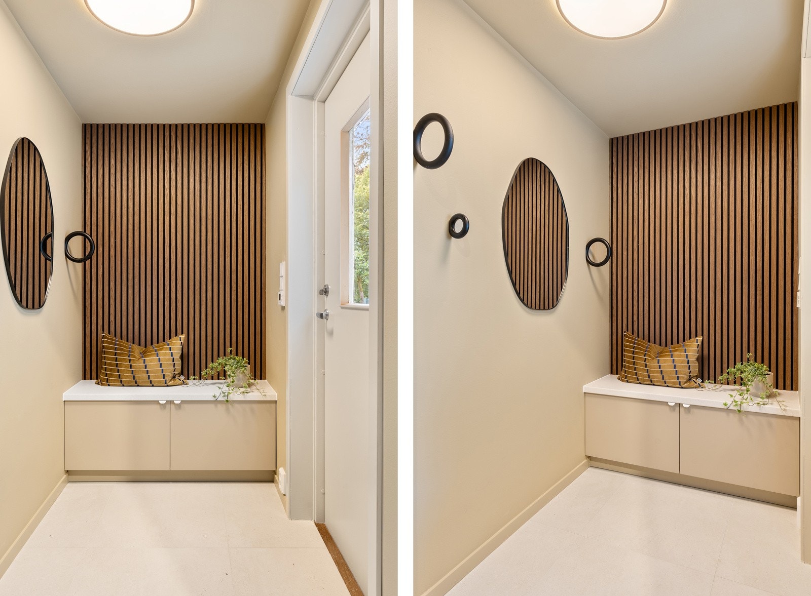 Vi starter i den lyse, romslige entréen. Gulvet er fliselagt og veggene er slette malt i en dun og tidløs farge. Galleribilde