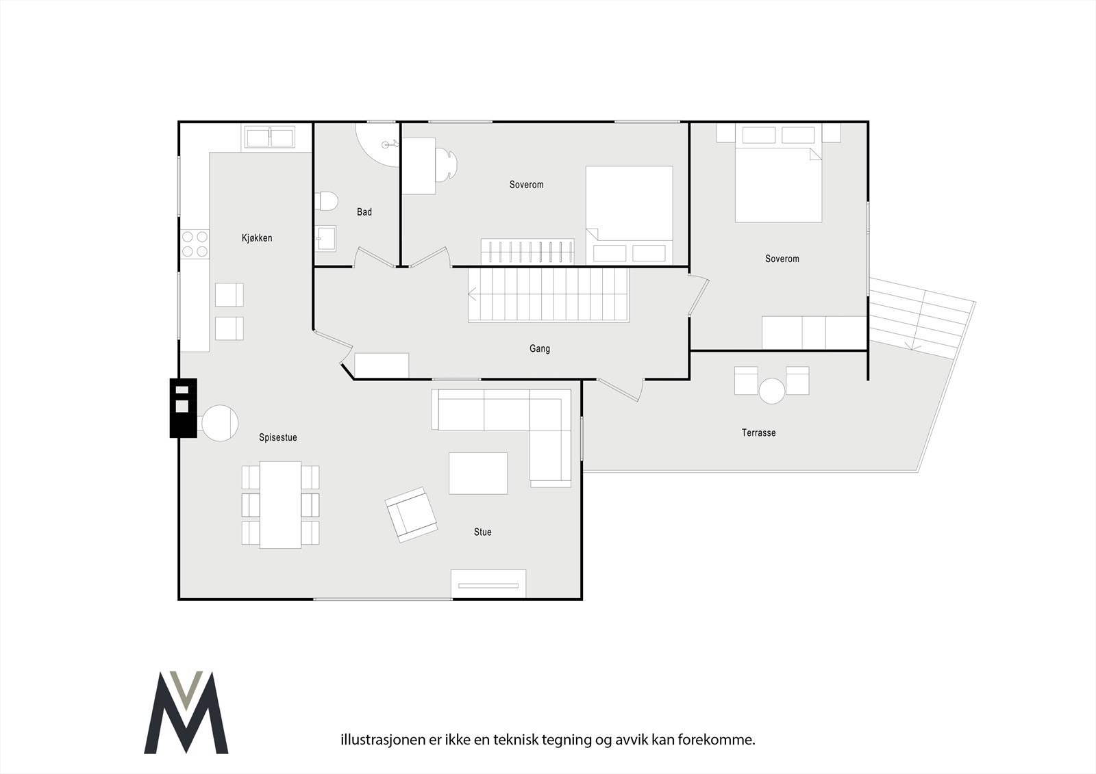 Planløsning 1. etasje (Ved å sette opp en lettvegg kan man tilbakeføre til tre soverom på dette planet.) Galleribilde