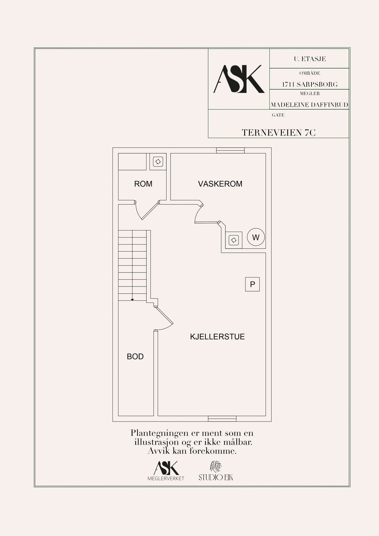 Plantegning kjeller. Det presiseres at kjellerstue ikke er godkjent rom for varig opphold. Galleribilde