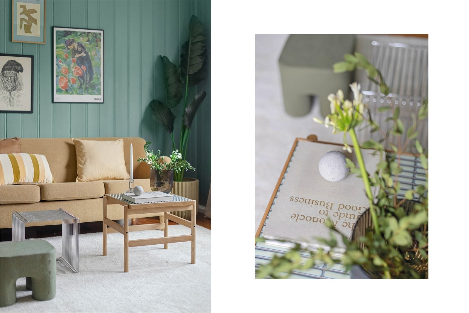 Stuen har sjarmerende detaljer som heltregulv og panelvegger malt i en harmonisk fargetone. Galleribilde