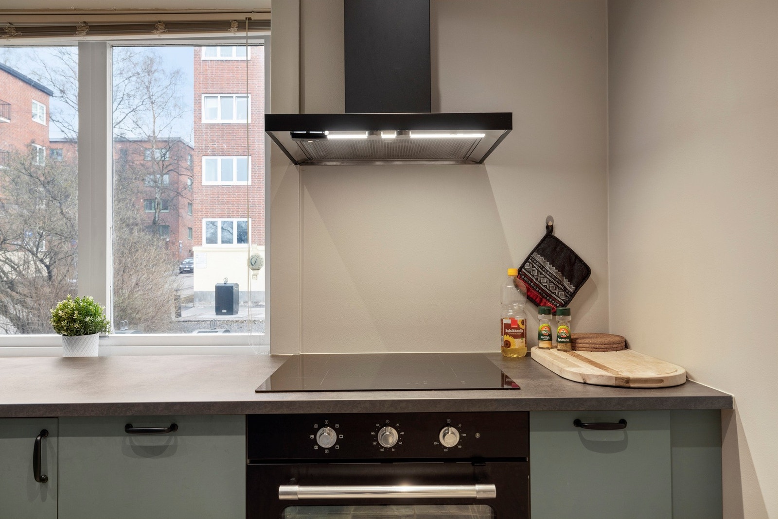 Kjøkkenet har integrert oppvaskmaskin, stekeovn og induksjon platetopp. Galleribilde