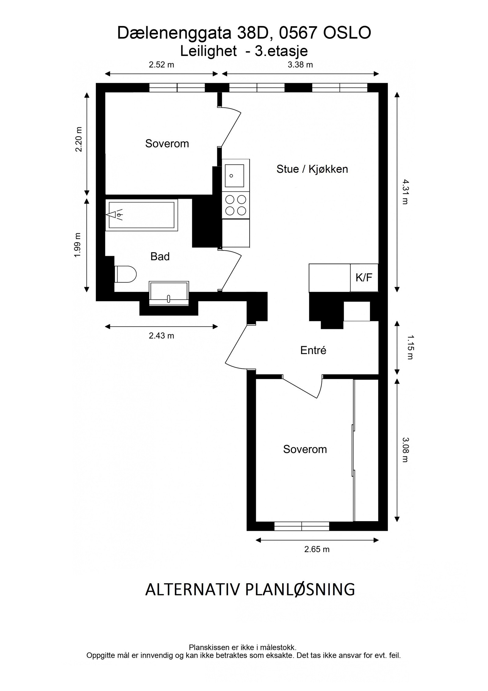 Alternativ planløsning: Det er også mulig med to soverom dersom det er å foretrekke. Det må undersøkes med fagfolk om det lar seg gjøre. Plantegningen er kun ment som en illustrasjon. Galleribilde
