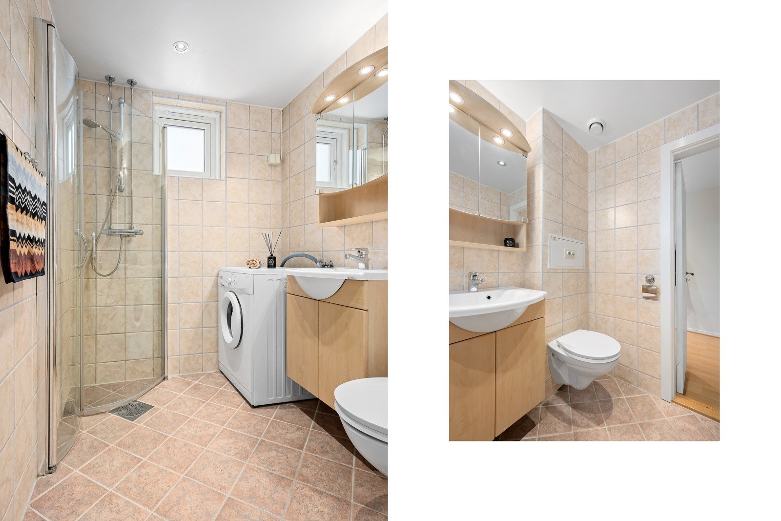 Bad/wc - pent flislagt bad med dusjhjørne. Opplegg til vaksemaskin Galleribilde