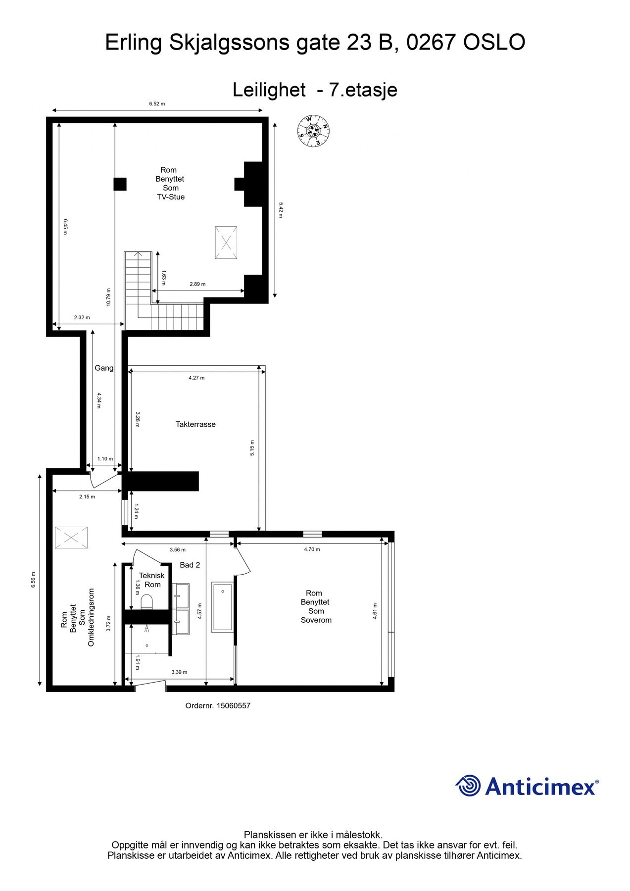 Leilighetens 7. etasje er byggemeldt som bod, men er i dag innredet med stue, omkledningsrom, bad og hovedsoverom. Galleribilde