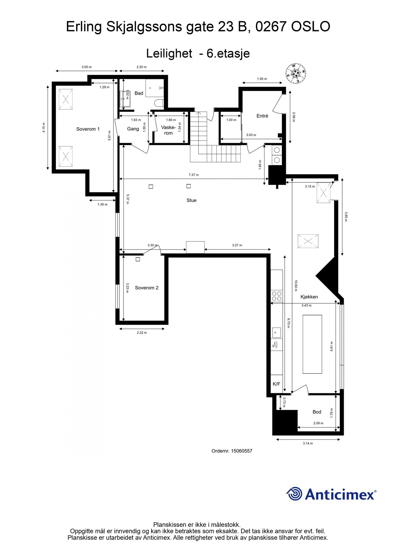 Leilighetens 6. etasje er utformet med stue, kjøkken, to soverom, bad, vaskerom, bod samt innbydende gang/entré. Galleribilde