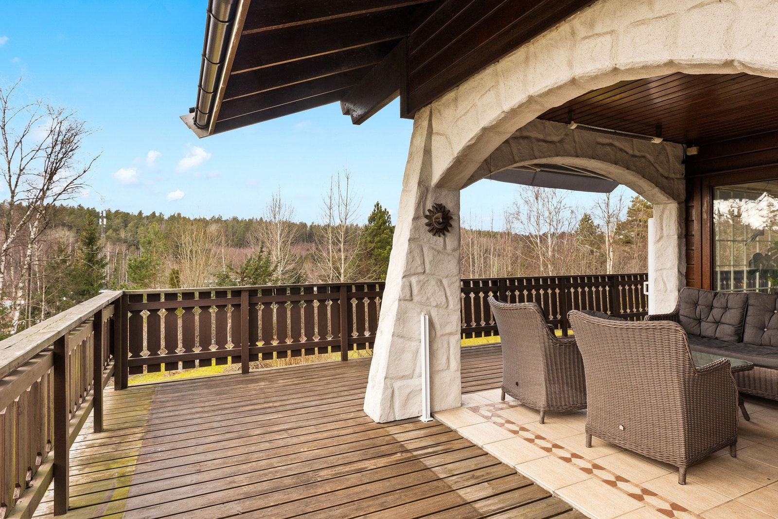 Det at deler av terrassen er under tak, gjør at man kan sitte ute selv om det skulle komme en sommerskur. Galleribilde