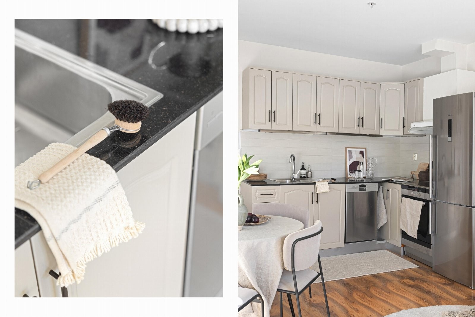 Kjøkkenet har en mørk benkeplate i stein med nedfelt stålkum og ett-greps armatur i krom. Det er opplegg for komfyr, oppvaskmaskin og kjøl/frys, samt en integrert avtrekksvifte i overskapet. Galleribilde