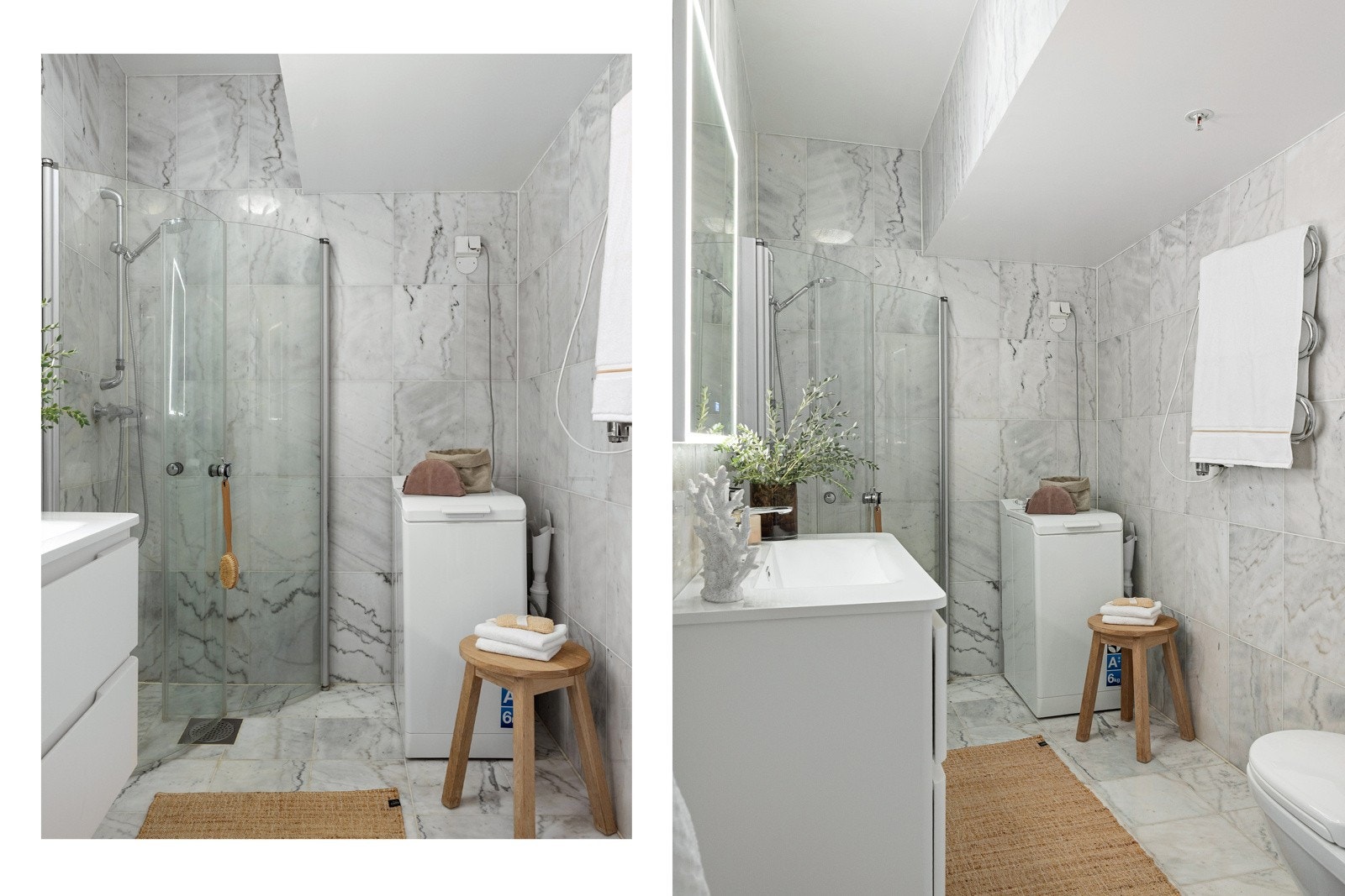 Badet er innredet med dusjnisje med svingbare dusjvegger og termostatstyrt dusjbatteri i krom med hånddusj. Badet er innredet med et stilrent, veggmontert servantskap med heldekkende vask og ett-greps armatur i krom. Galleribilde