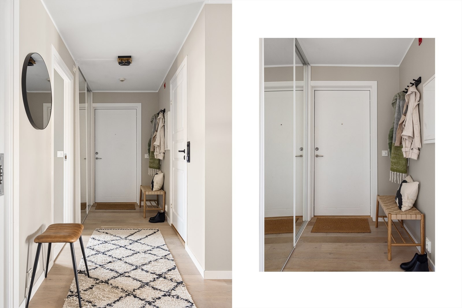 Entréen er lys og innbydende. Her har du god plass til å henge fra deg yttertøy og sette fra deg sko i integrert skyvedørsgarderobe. Galleribilde