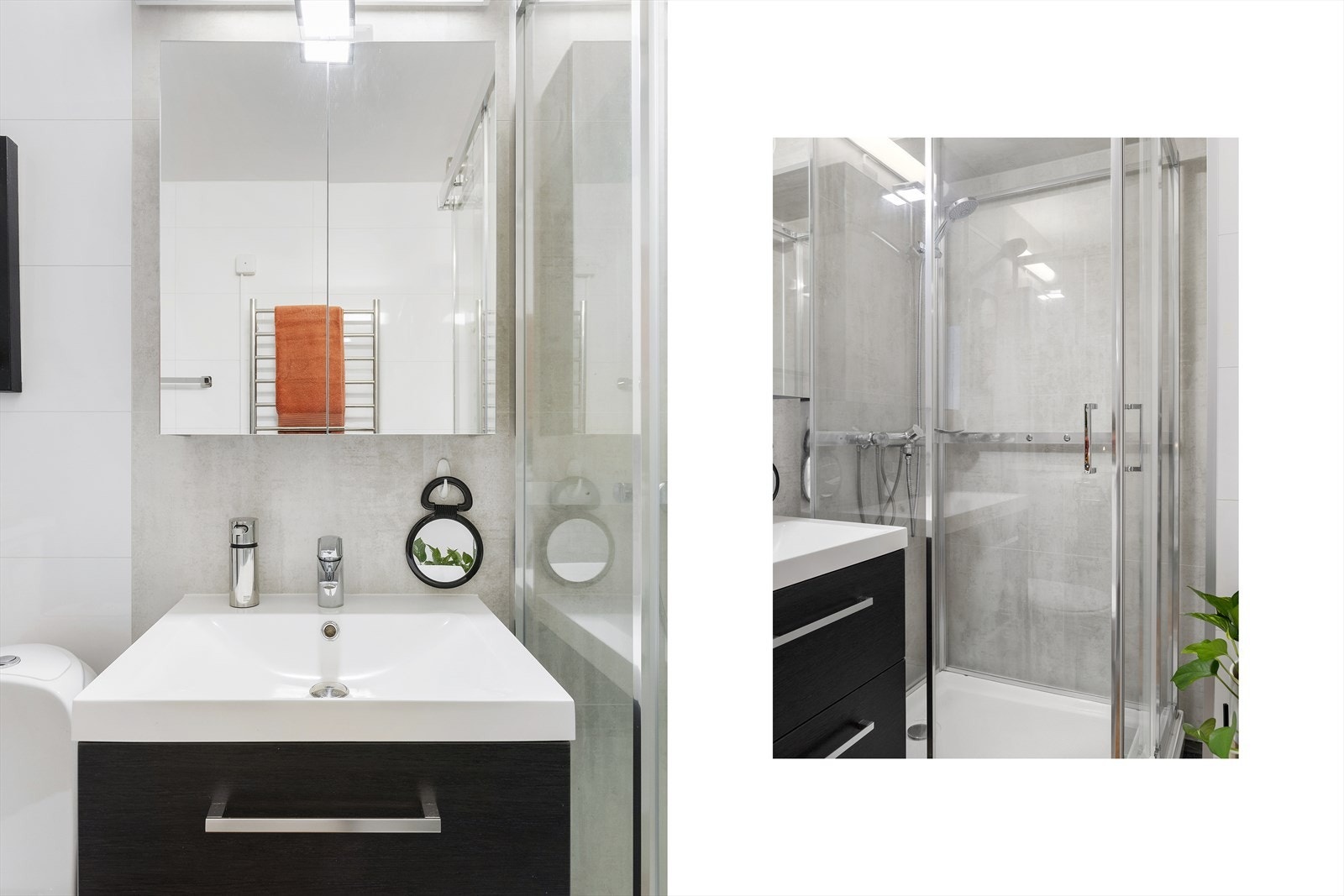 Servantskap med glatte fronter. Overlimt servant med ettgreps armatur fra Grohe. Speilskap på vegg med lys Galleribilde