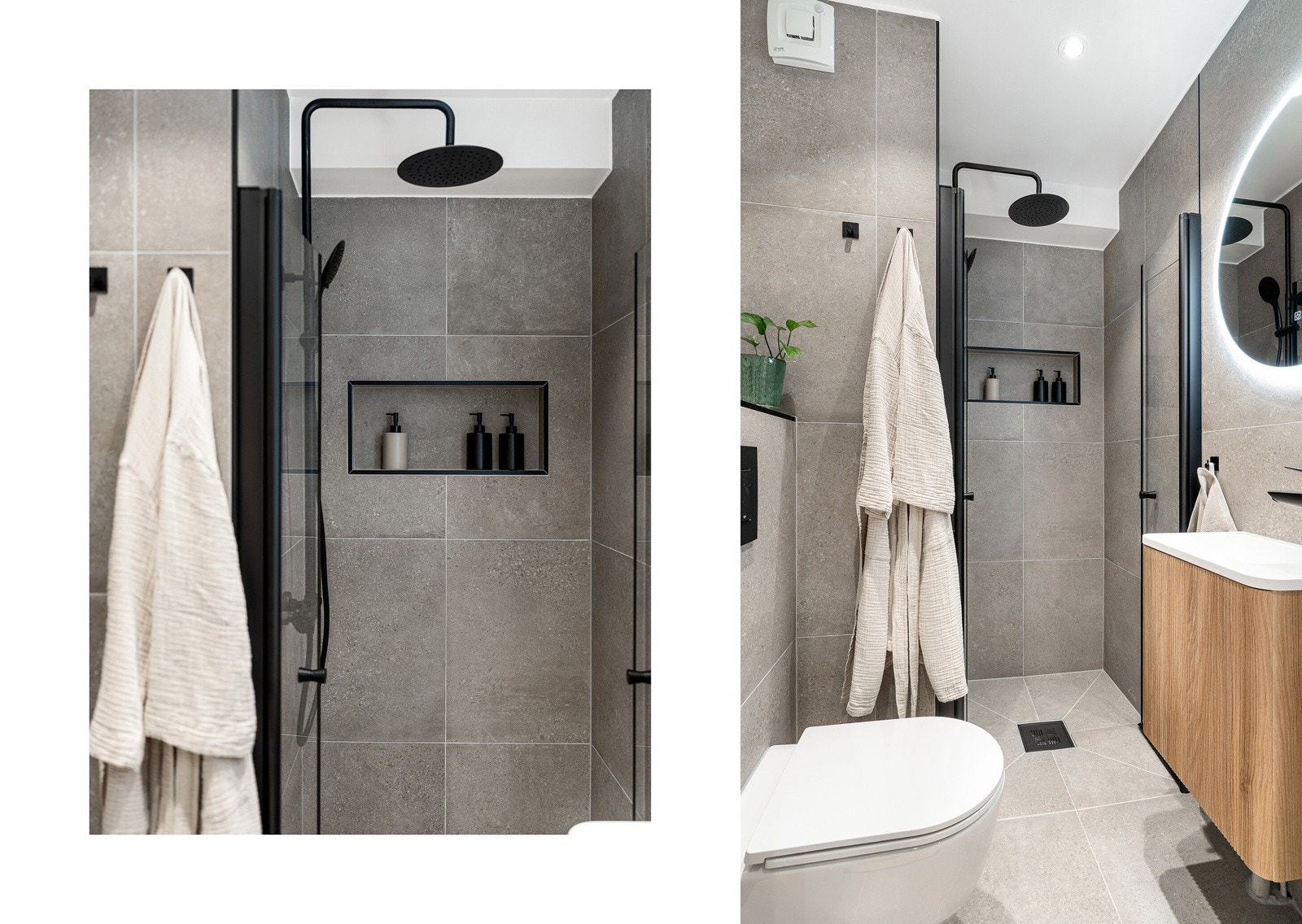 Innredningen består av nedfelt servant, servantskap, vegghengt toalett og speil med 3 belysningsalternativ og anti-duggfunksjon. I tillegg er det takdusj og en stilren nisje i veggen for oppbevaring. Galleribilde