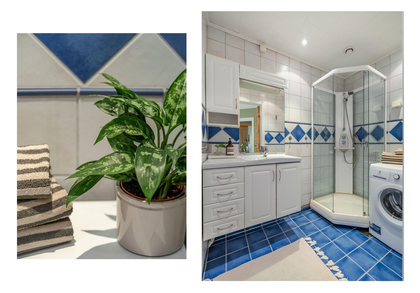 Badet er innredet med servant med skapinnredning, dusjkabinett og plass/opplegg til vaskemaskin og tørketrommel. Galleribilde