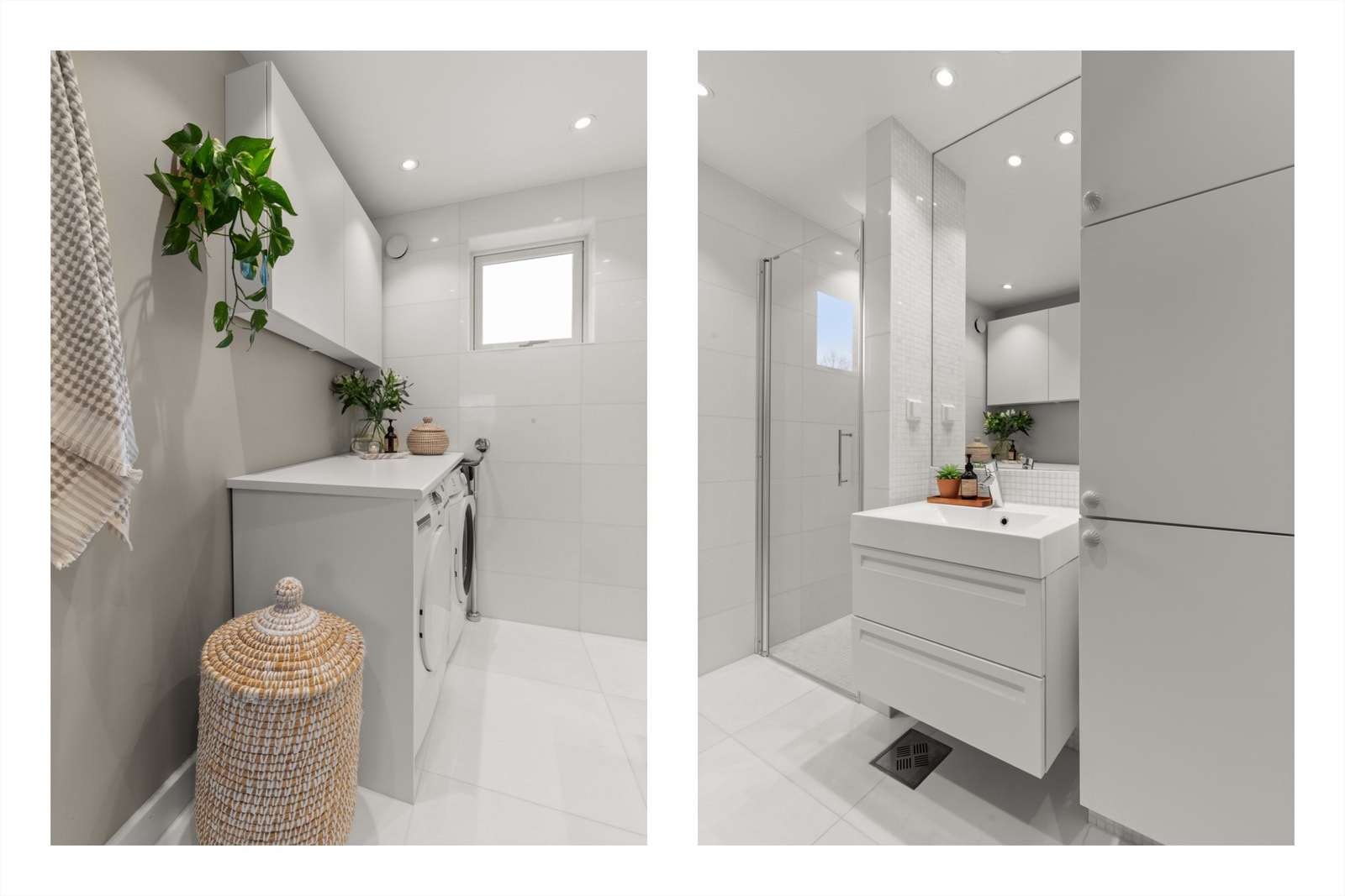 Innredning består av vegghengt servantinnredning med heldekkende servant, speil på vegg over servant, dusjnisje med glassdør og regnfalldusj samt vegghengt toalett. Galleribilde