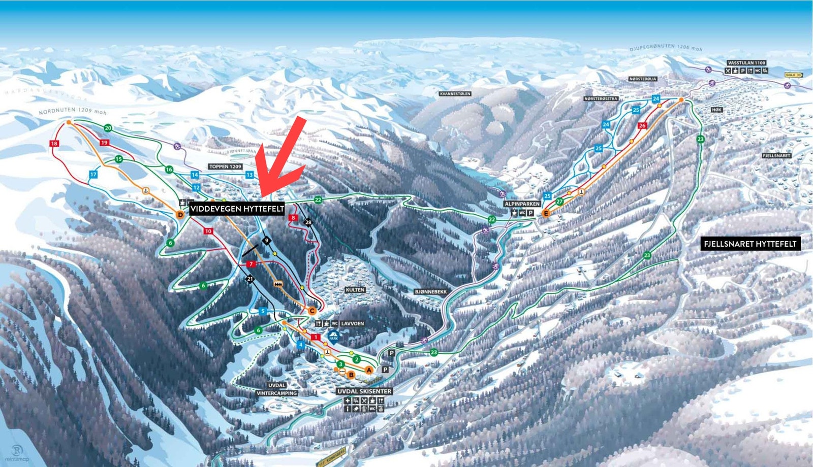 Viddevegen hyttefelt ligger 1000 moh og med ski inn/ut til alpinanlegget Galleribilde