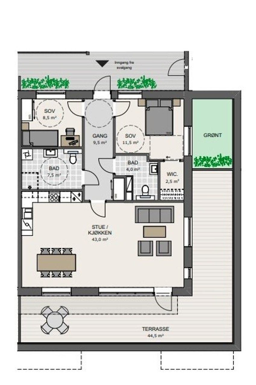 Plantegning av boligen | leiligheten ligger meget gunstig plassert i enden av svalgangen Galleribilde