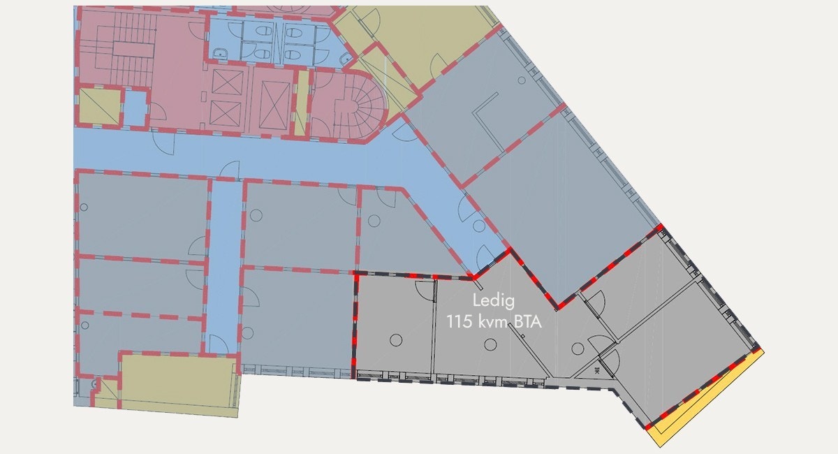 Plantegning 3. etasje - kontorlokale på 115 kvm BTA (ledig fra 01.11.2025) Galleribilde